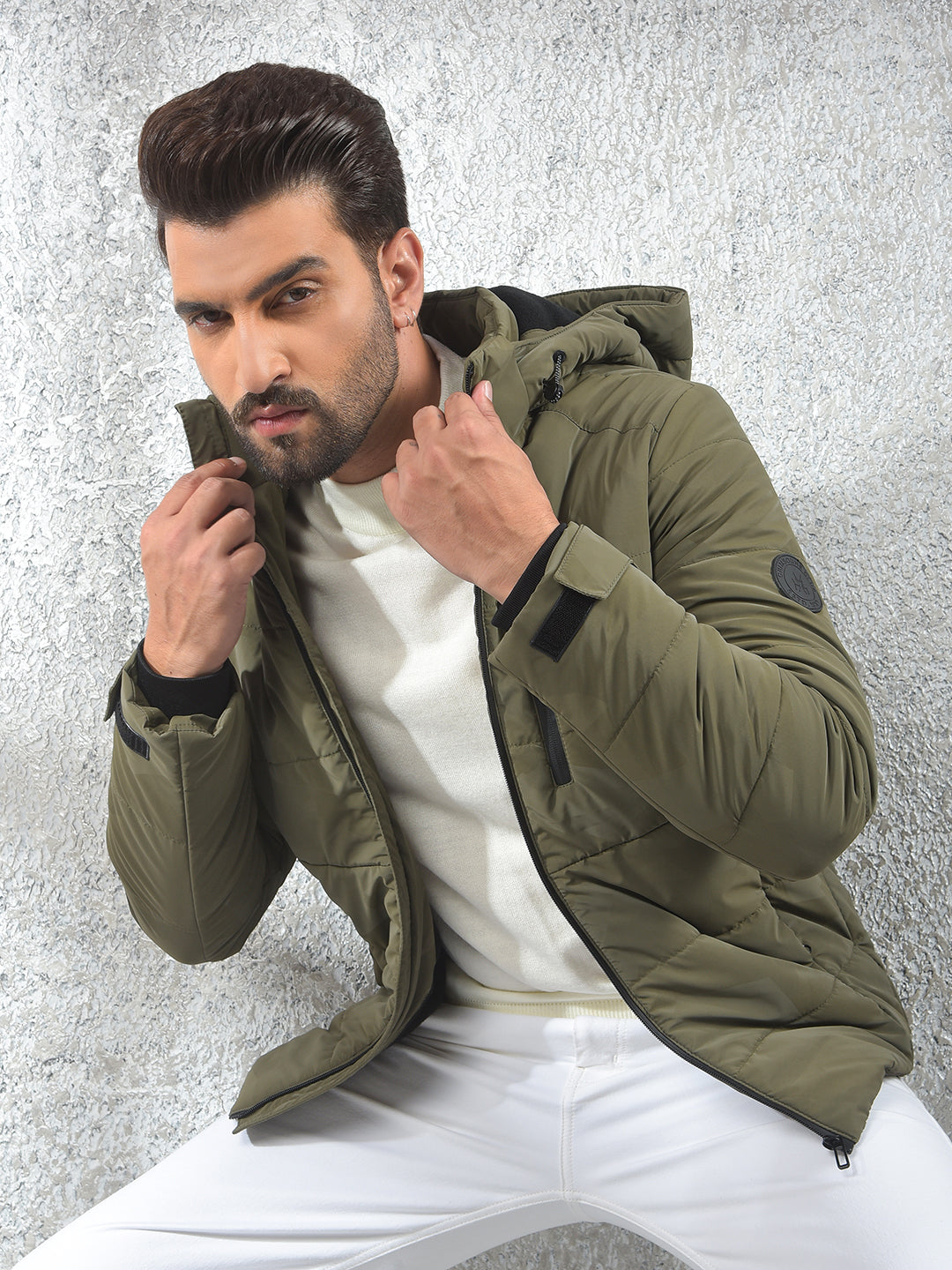 Olive Hooded Neck Puffer Jacket