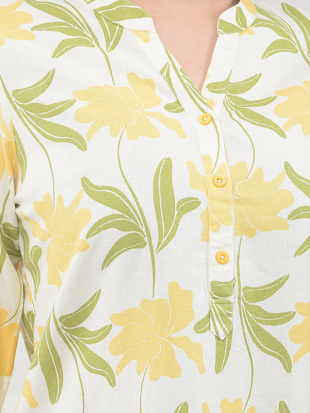 Yellow Floral Print V-Neck Linen Top