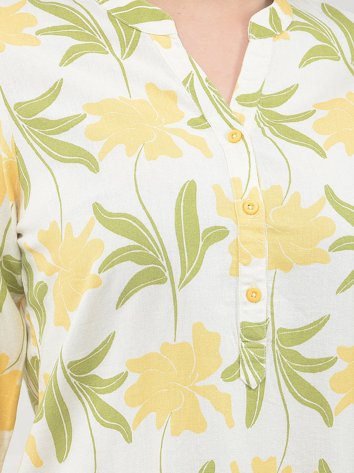 Yellow Floral Print V-Neck Linen Top