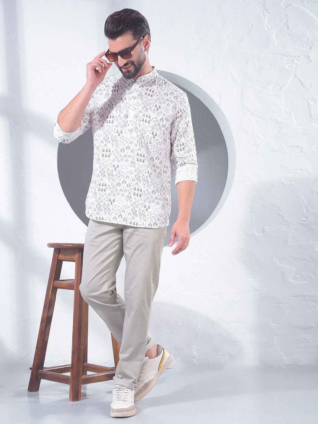 White Printed Linen Kurta