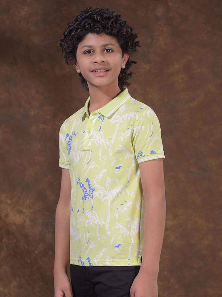 Green Floral Print Polo Neck T-Shirt