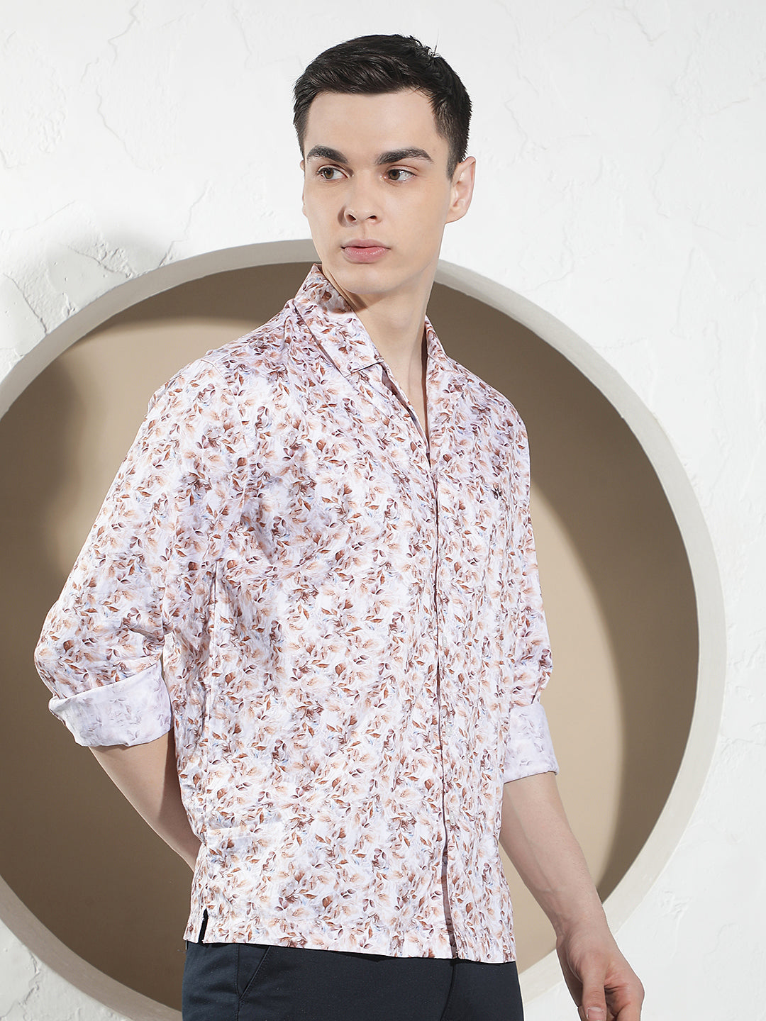 Peach Floral Print Modal Shirt