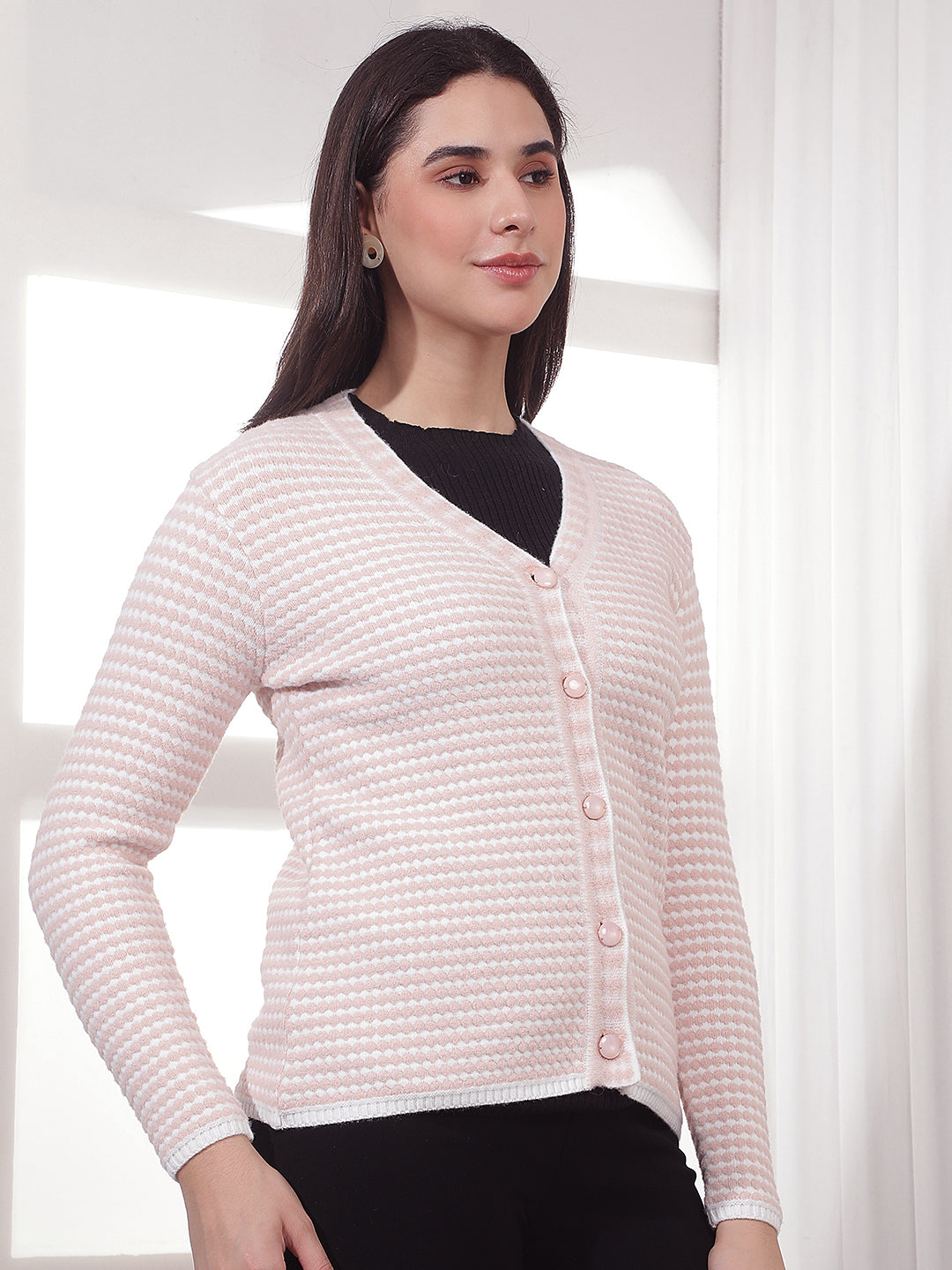 Pink Printed V-Neck Cardigan