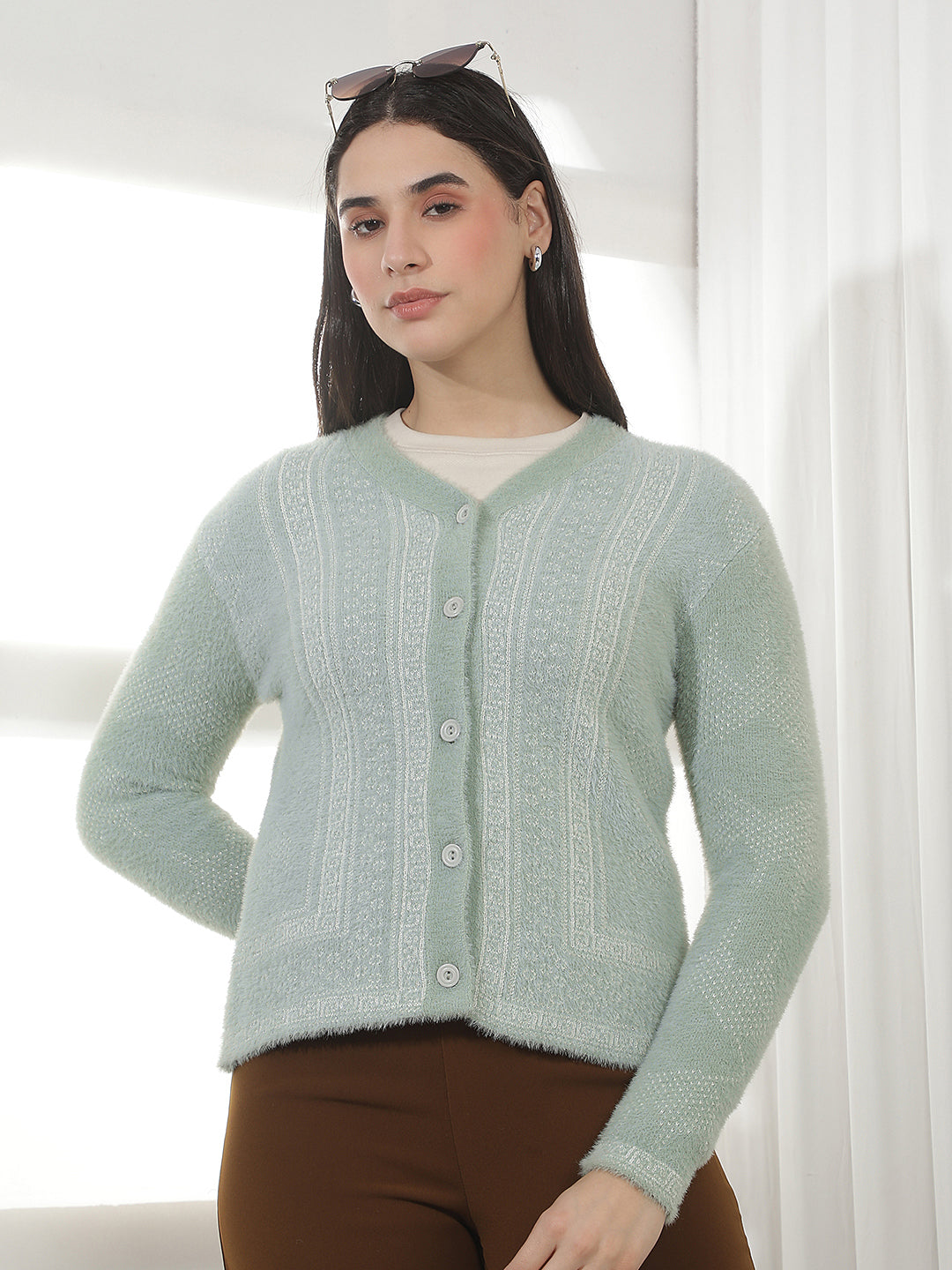 Green Jacquard V-Neck Cardigan