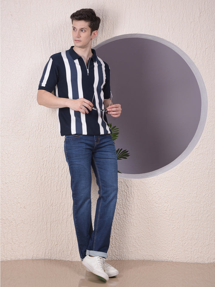 Navy Blue Vertical Stripes Polo Neck 100% Cotton T-Shirt