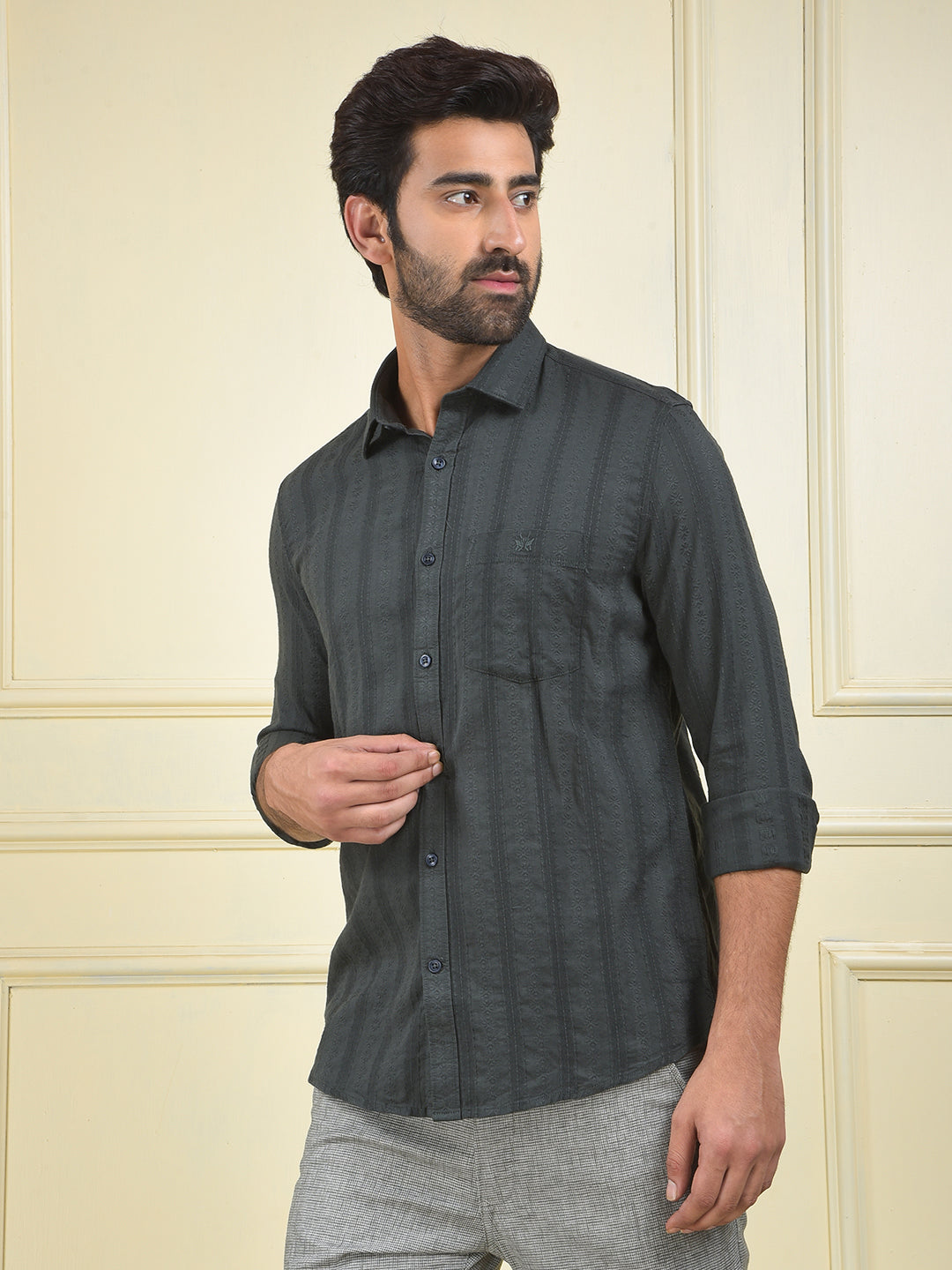 Green Vertical Stripes 100% Cotton Shirt