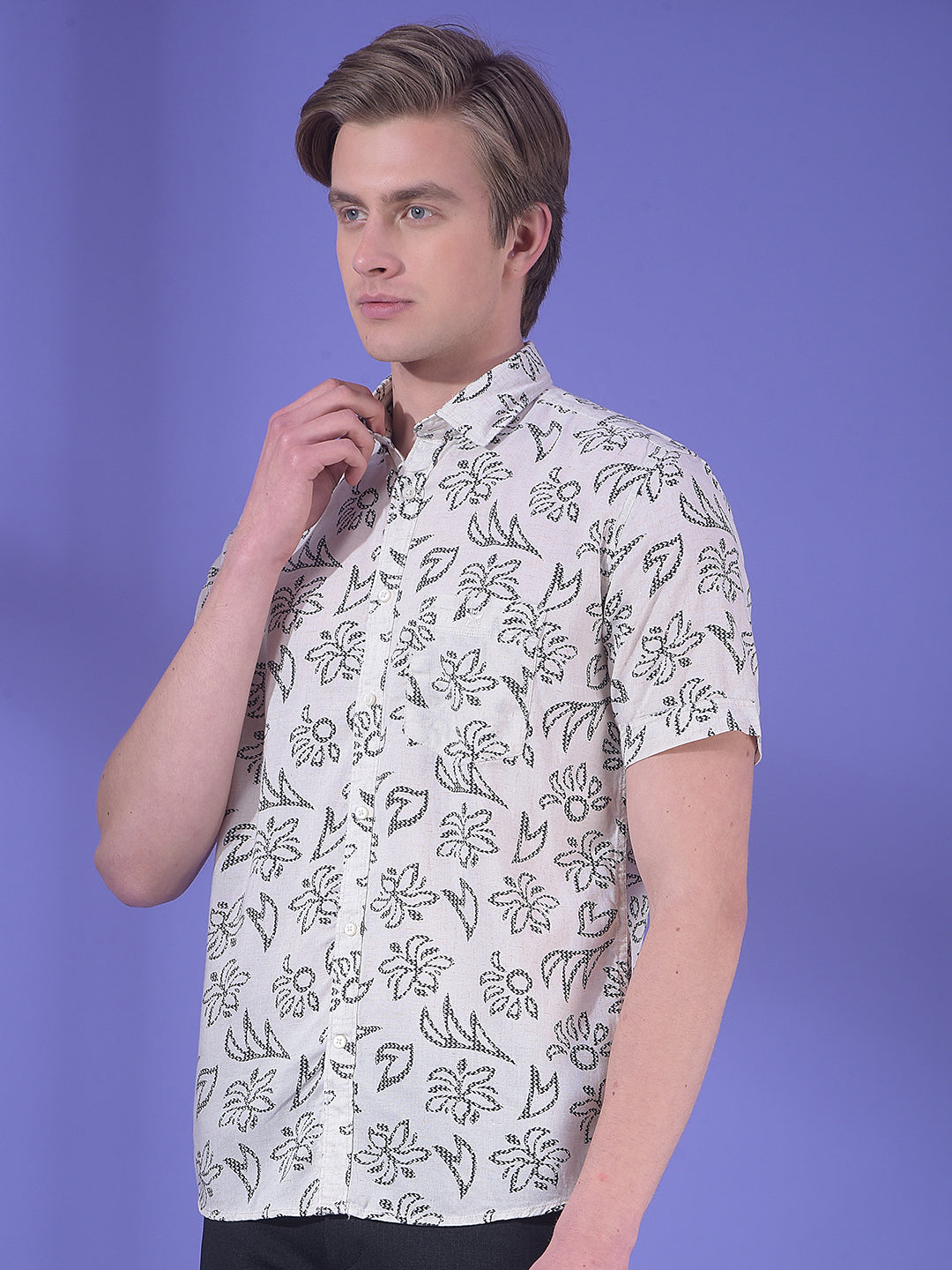 Beige Floral Print Linen Shirt