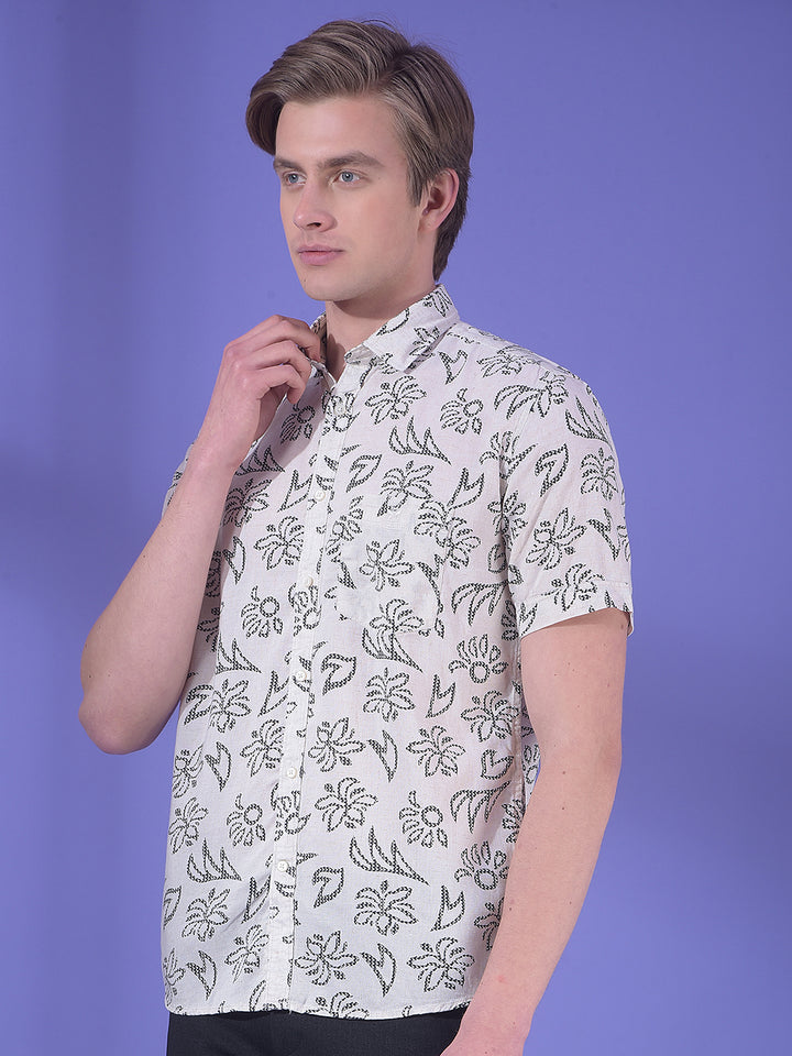 Beige Floral Print Linen Shirt