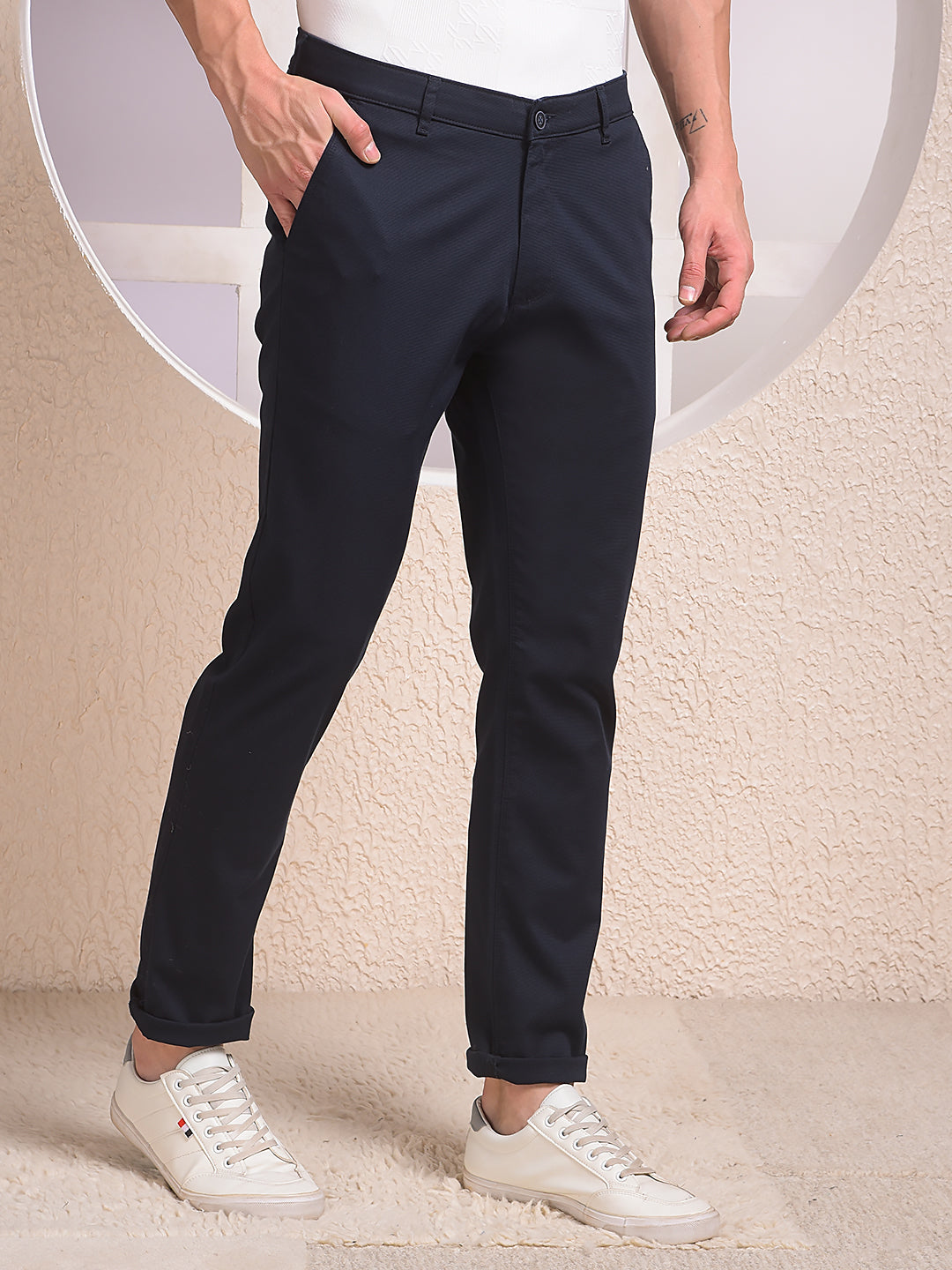  Obsidian Dobby Fit Navy Blue Trousers