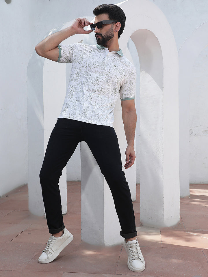 Green Floral Print Polo Neck T-Shirt