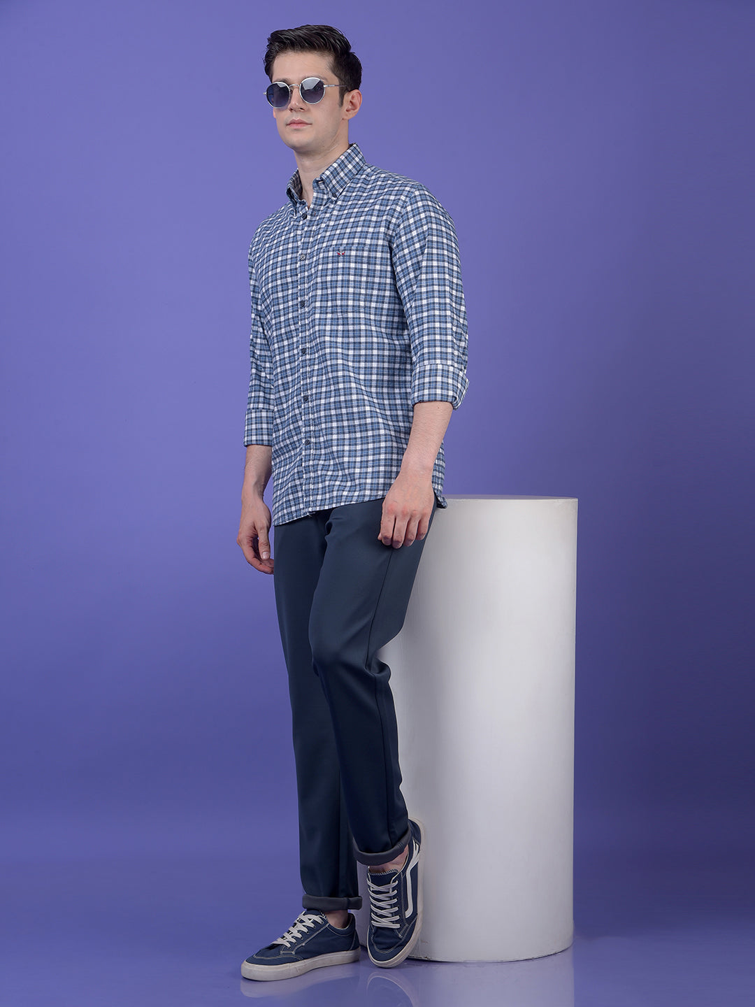Blue Checked Button-Down Collar 100% Cotton Shirt
