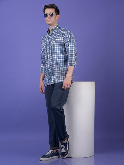 Blue Checked Button-Down Collar 100% Cotton Shirt