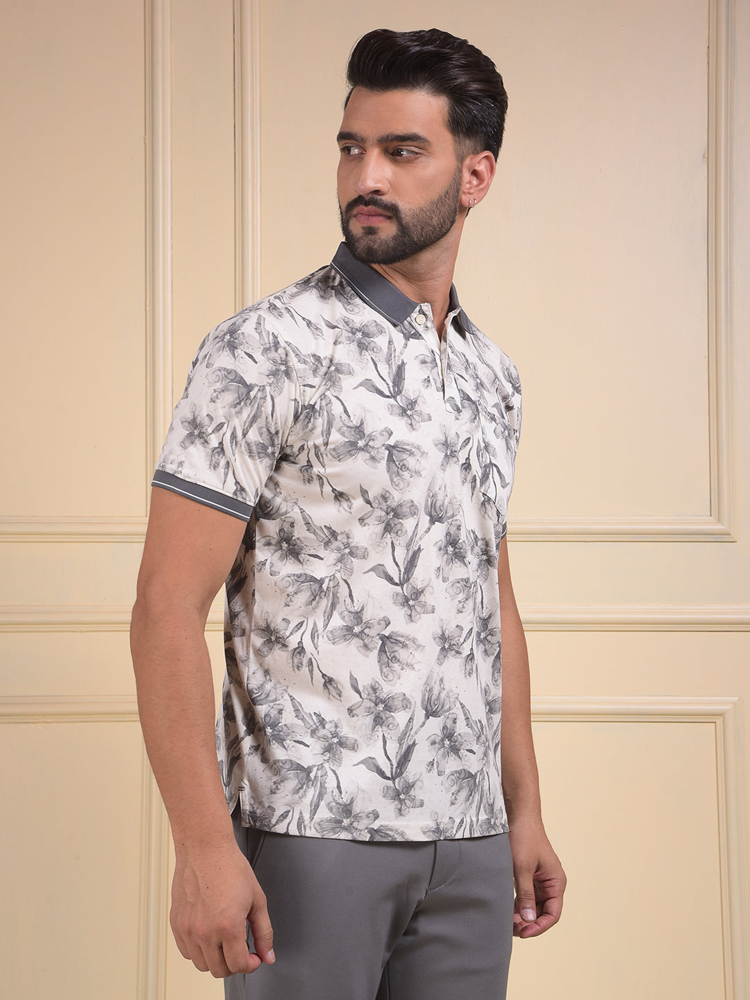 Grey Floral Print Polo Neck T-Shirt