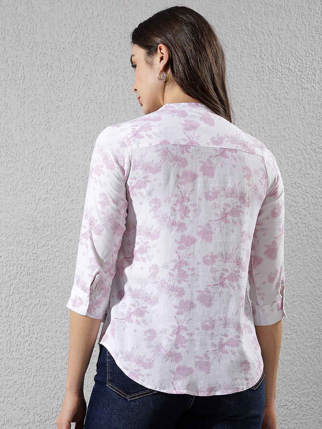 Pink Floral Print V-Neck Linen Shirt