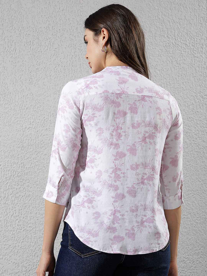 Pink Floral Print V-Neck Linen Shirt
