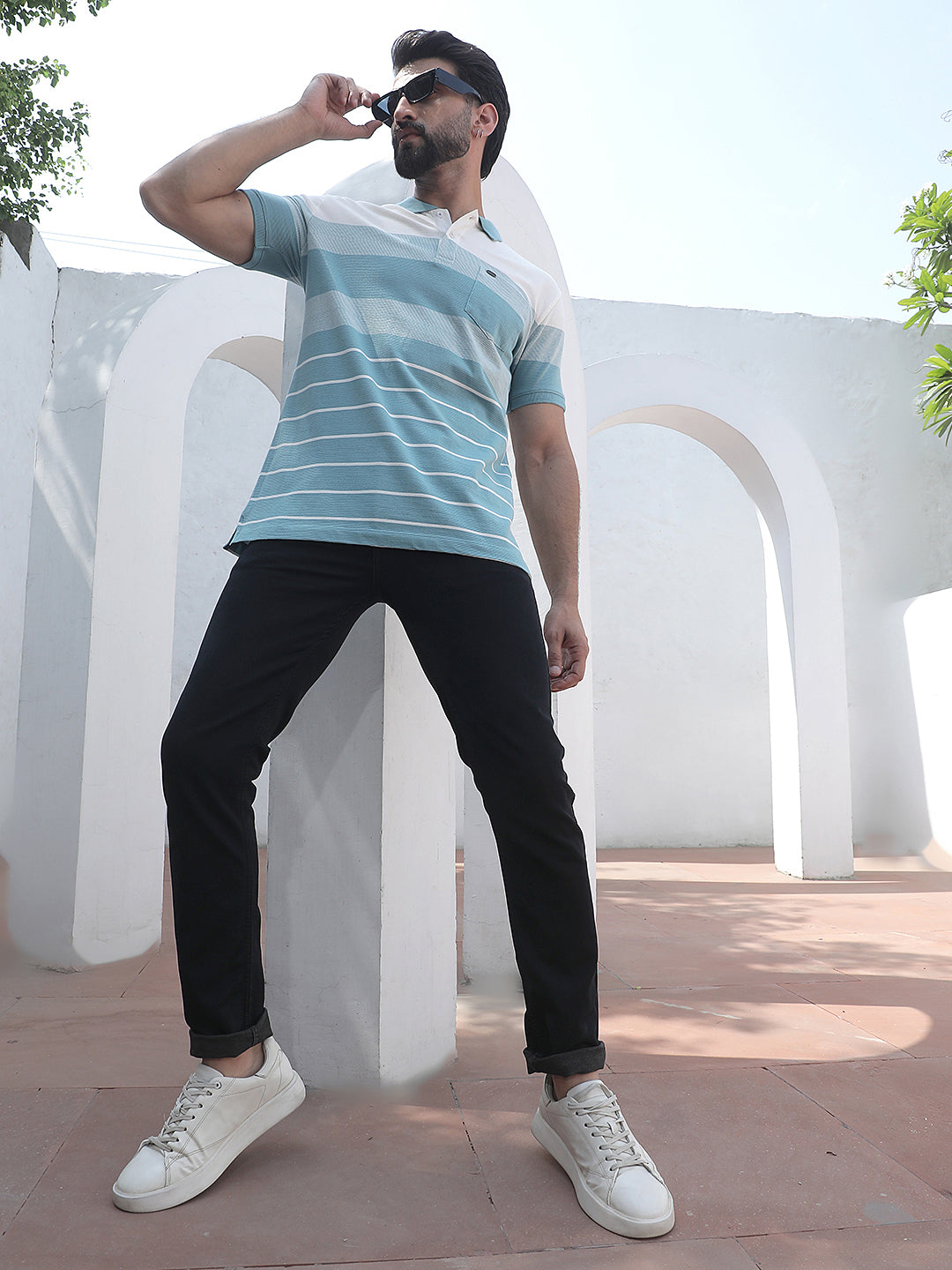 Green Horizontal Striped Polo Neck T-Shirt