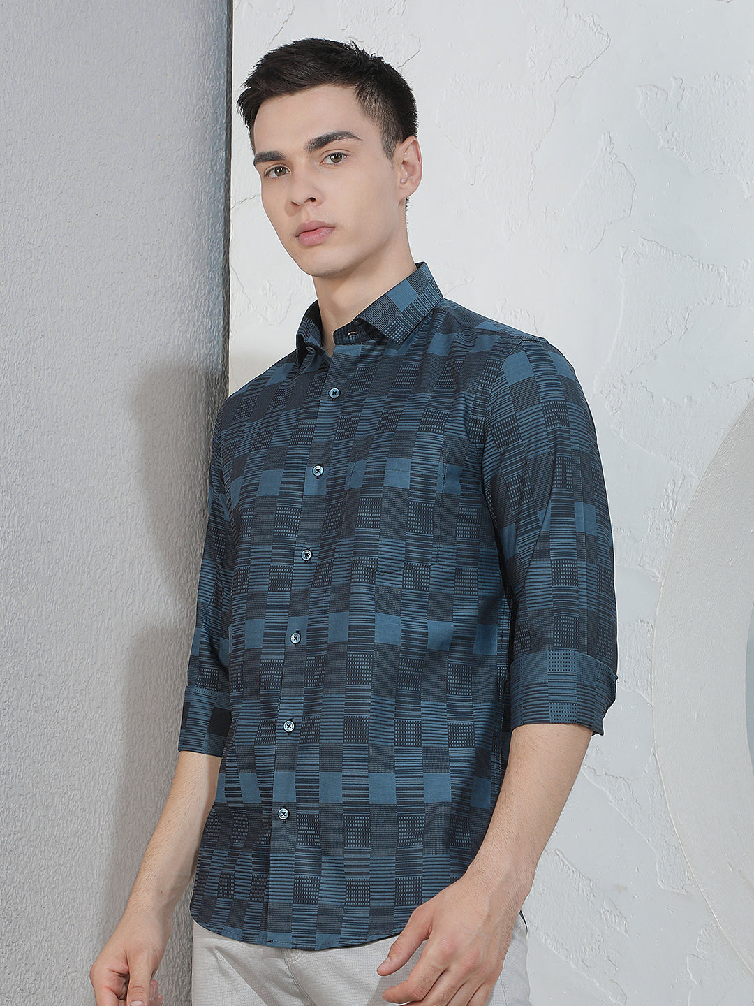 Teal Blue Geometric Print 100% Cotton Shirt