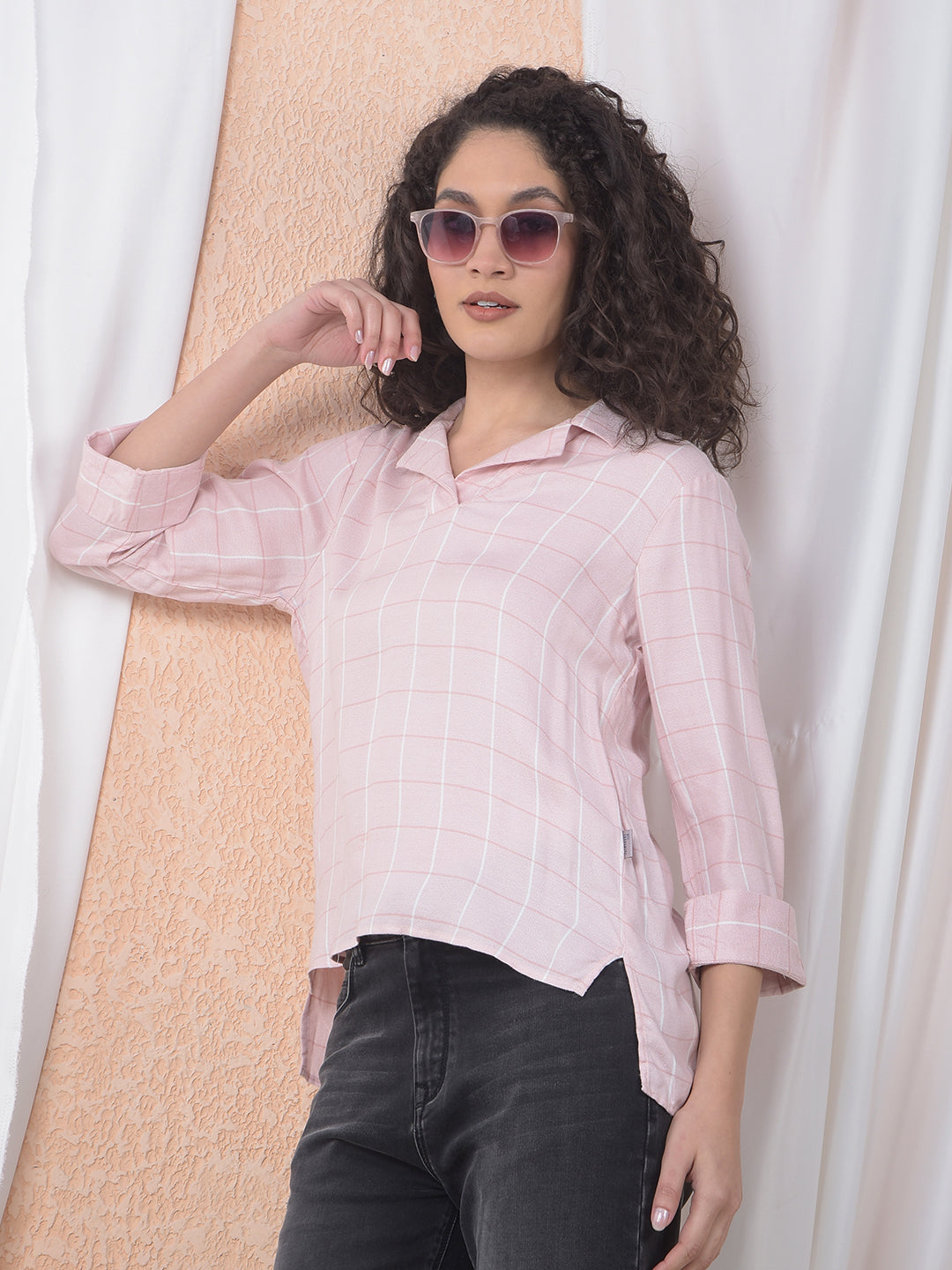 Peach Checked Resort-Collar Top