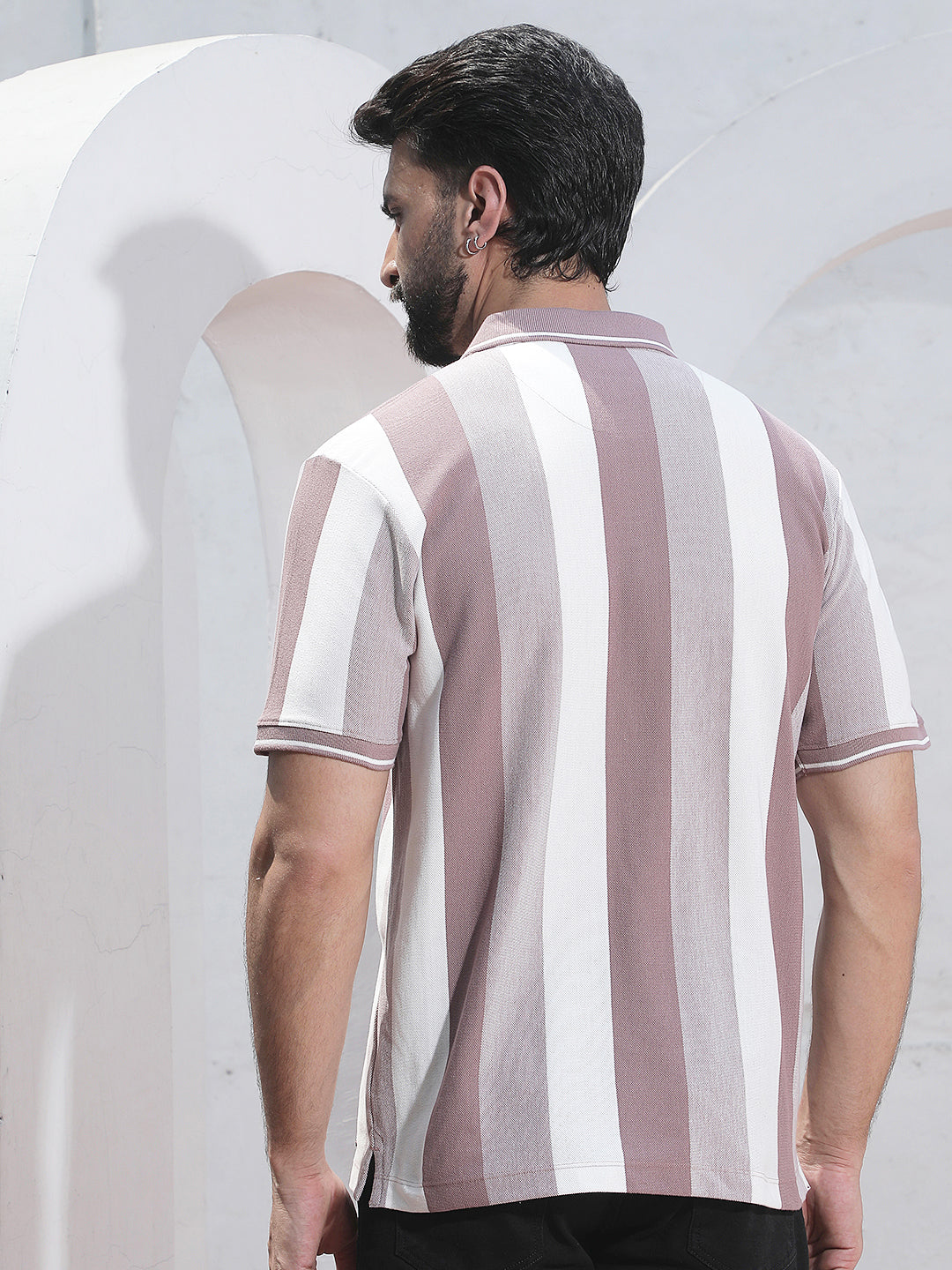 Purple Vertical Striped Polo Neck T-Shirt