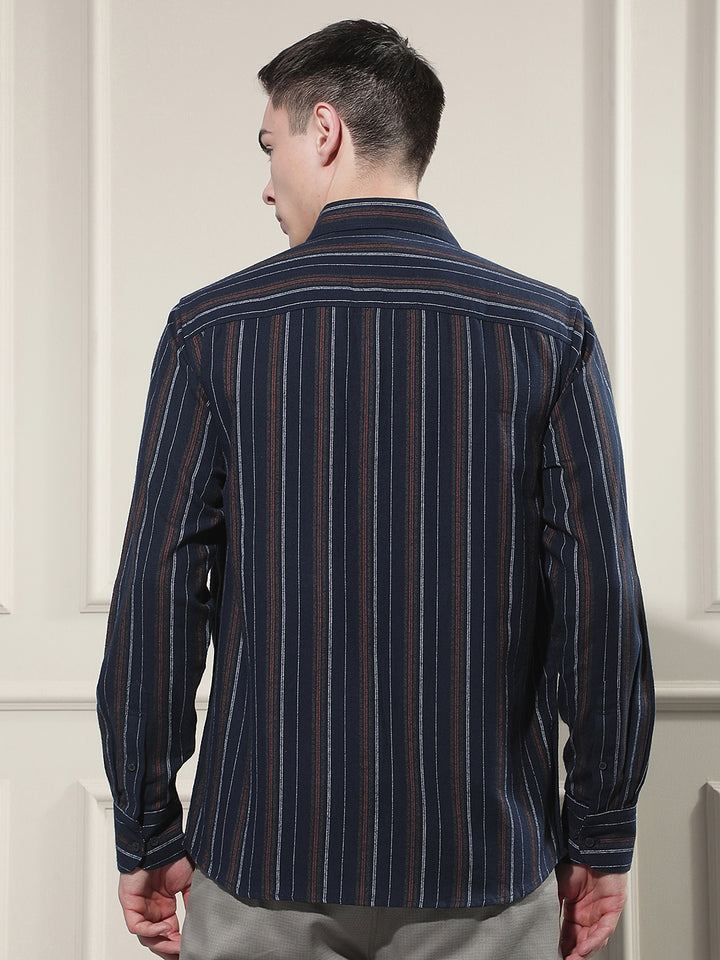 Navy Blue Vertical Stripes 100% Cotton Shirt