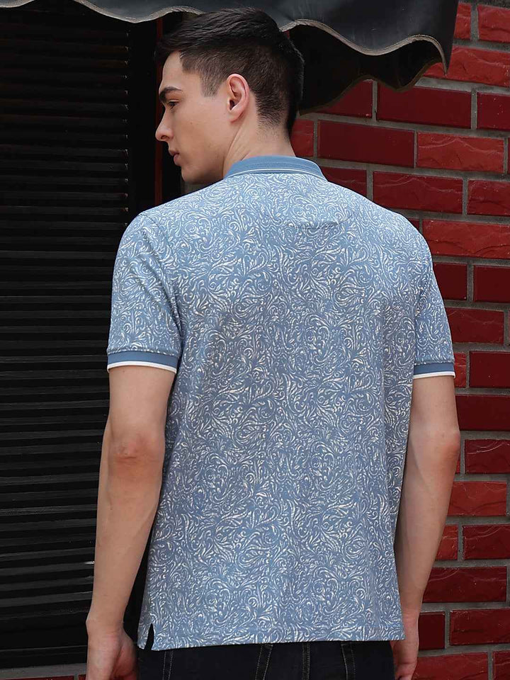 Blue Printed Polo Neck T-Shirt