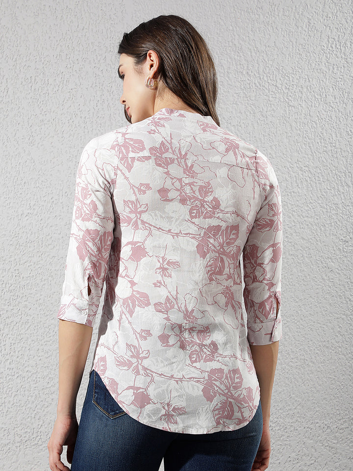 Pink Floral Print V-Neck Linen Top