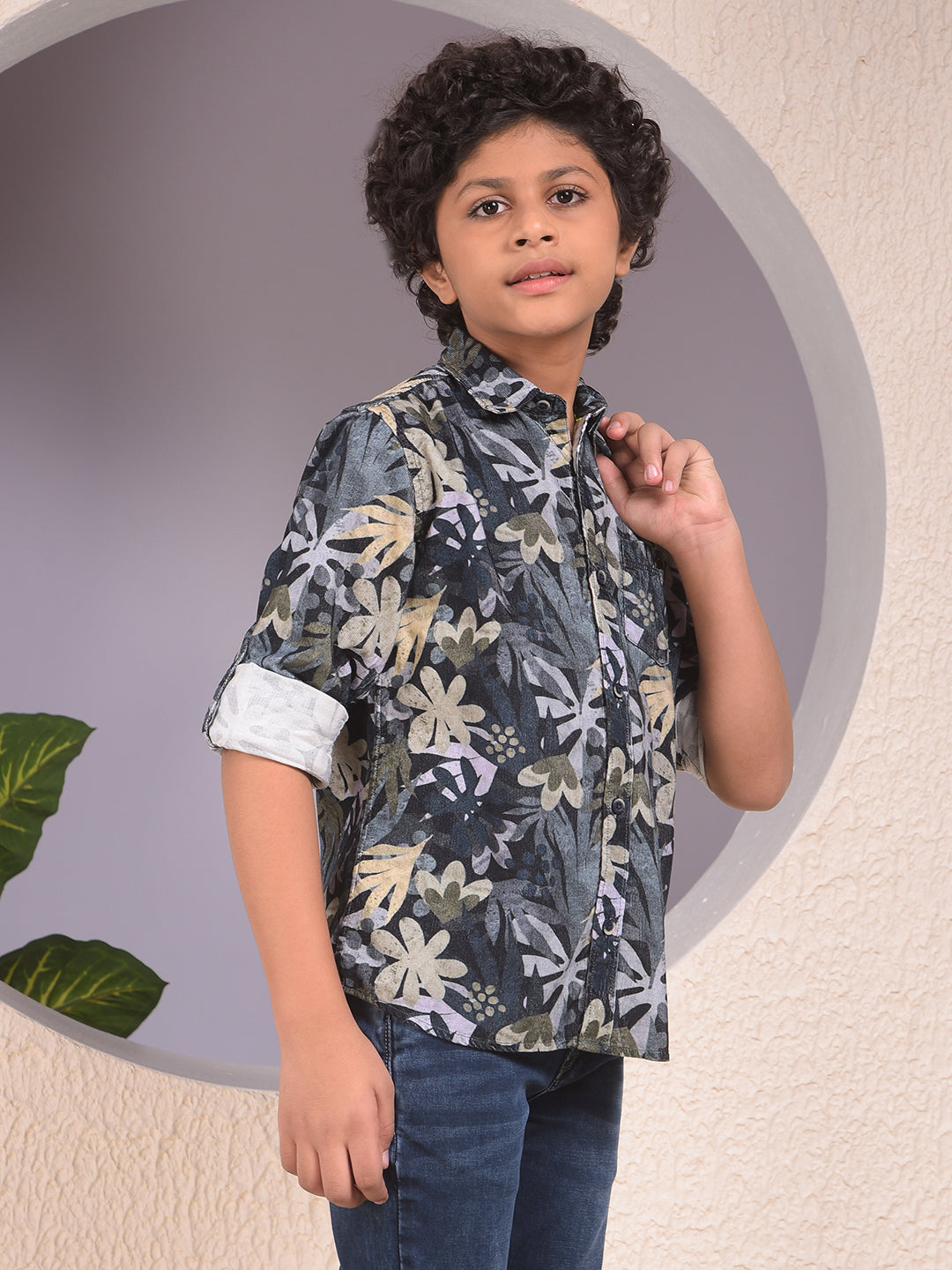 Beige Floral Print 100% Cotton Corduory Shirt