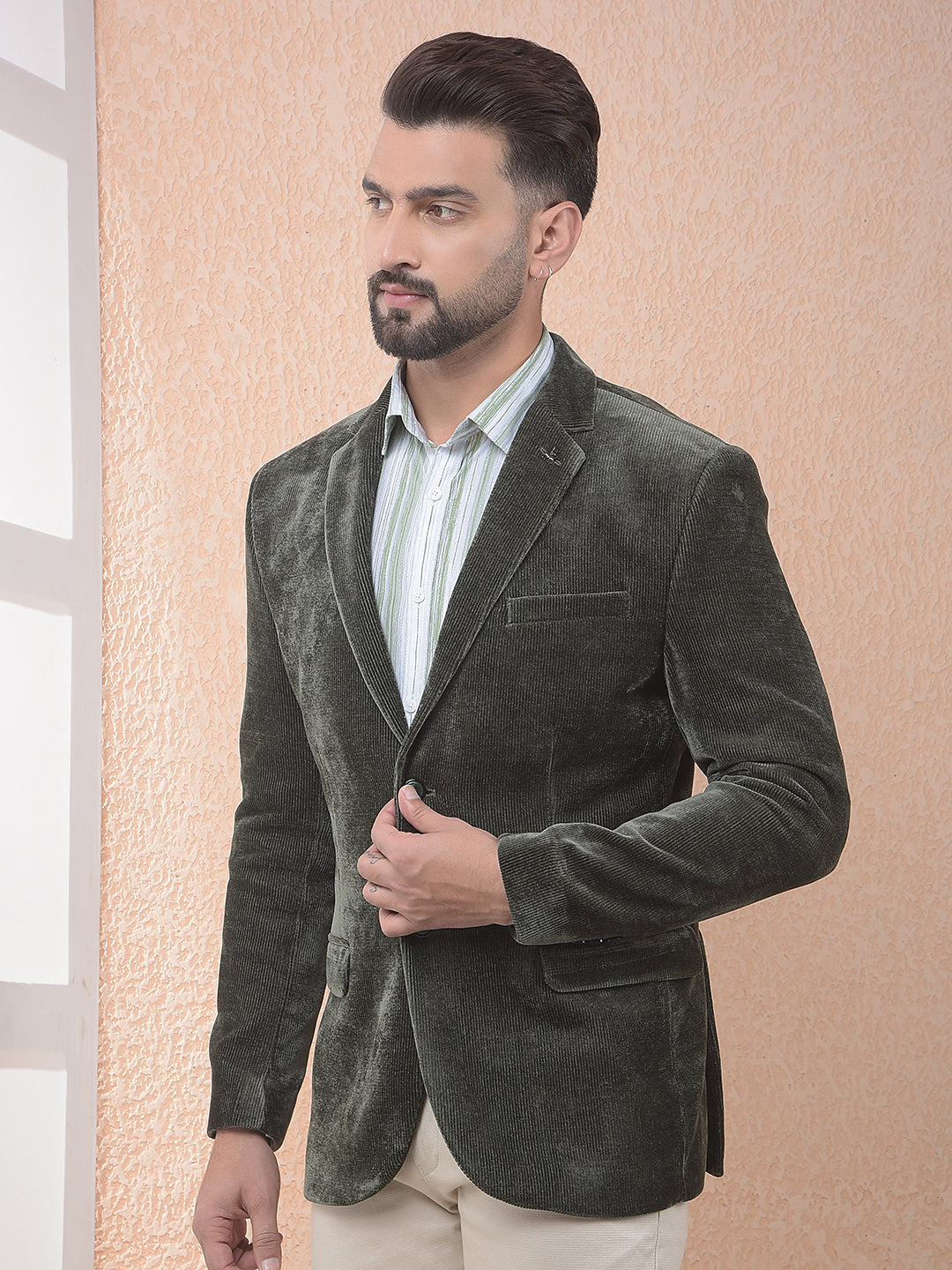 Green Notched Lapel Corduroy Blazer