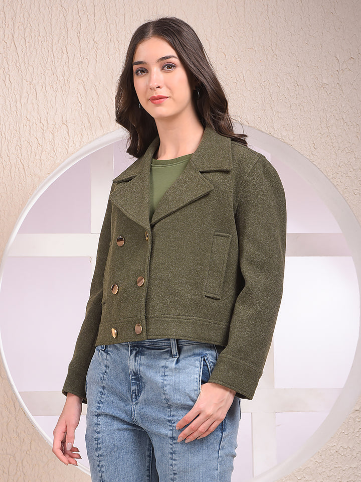Olive Notched Lapel Double-Breasted Coat