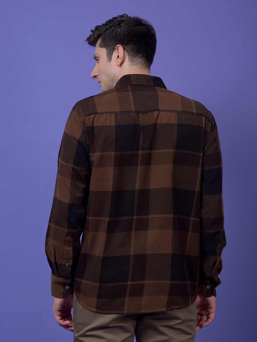 Brown Checked 100% Cotton Corduroy Shirt