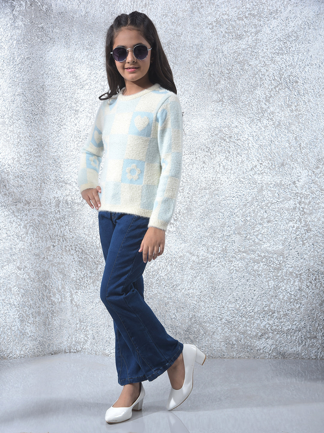 Blue Graphic Print Knitted Sweater