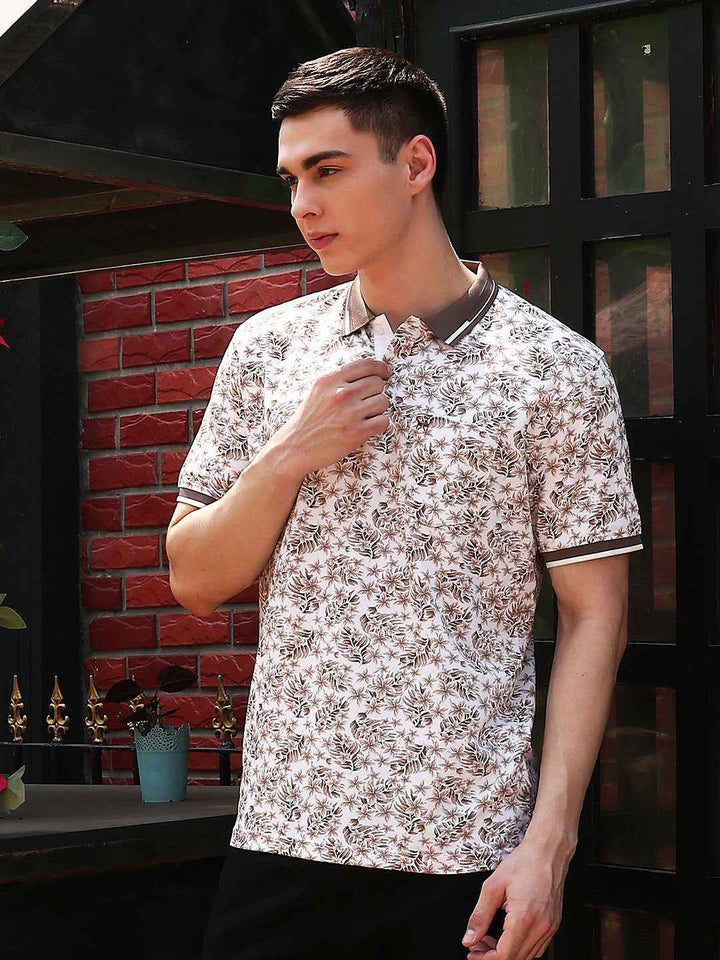 Brown Floral Print Polo Neck T-Shirt