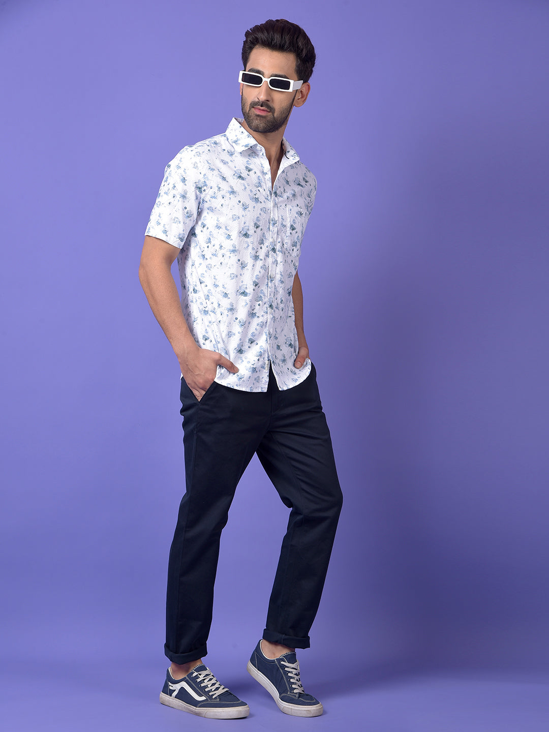 Blue Floral Print 100% Cotton Shirt
