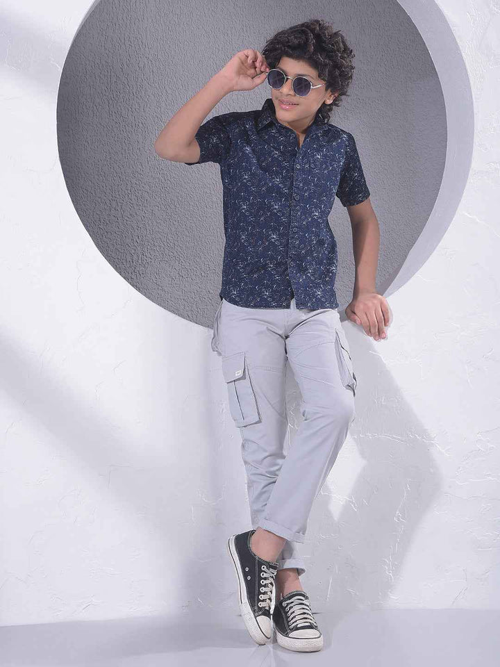 Navy Blue Floral Print 100% Cotton Shirt