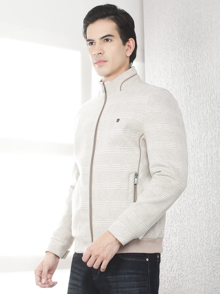 Beige Checked Bomber Jacket