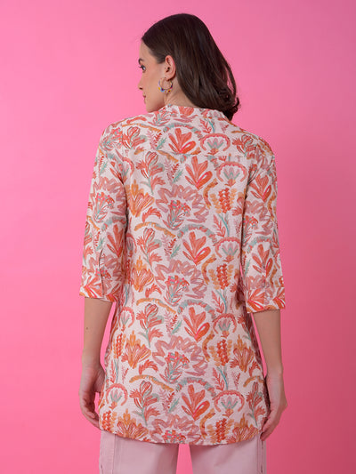 Orange Floral Print V-Neck Top