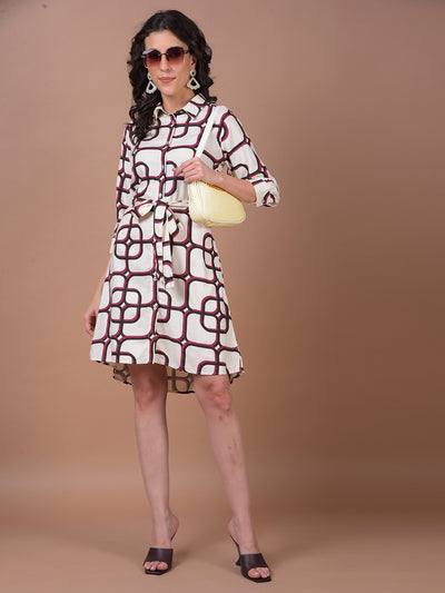 White Printed Belted Shirt Dress