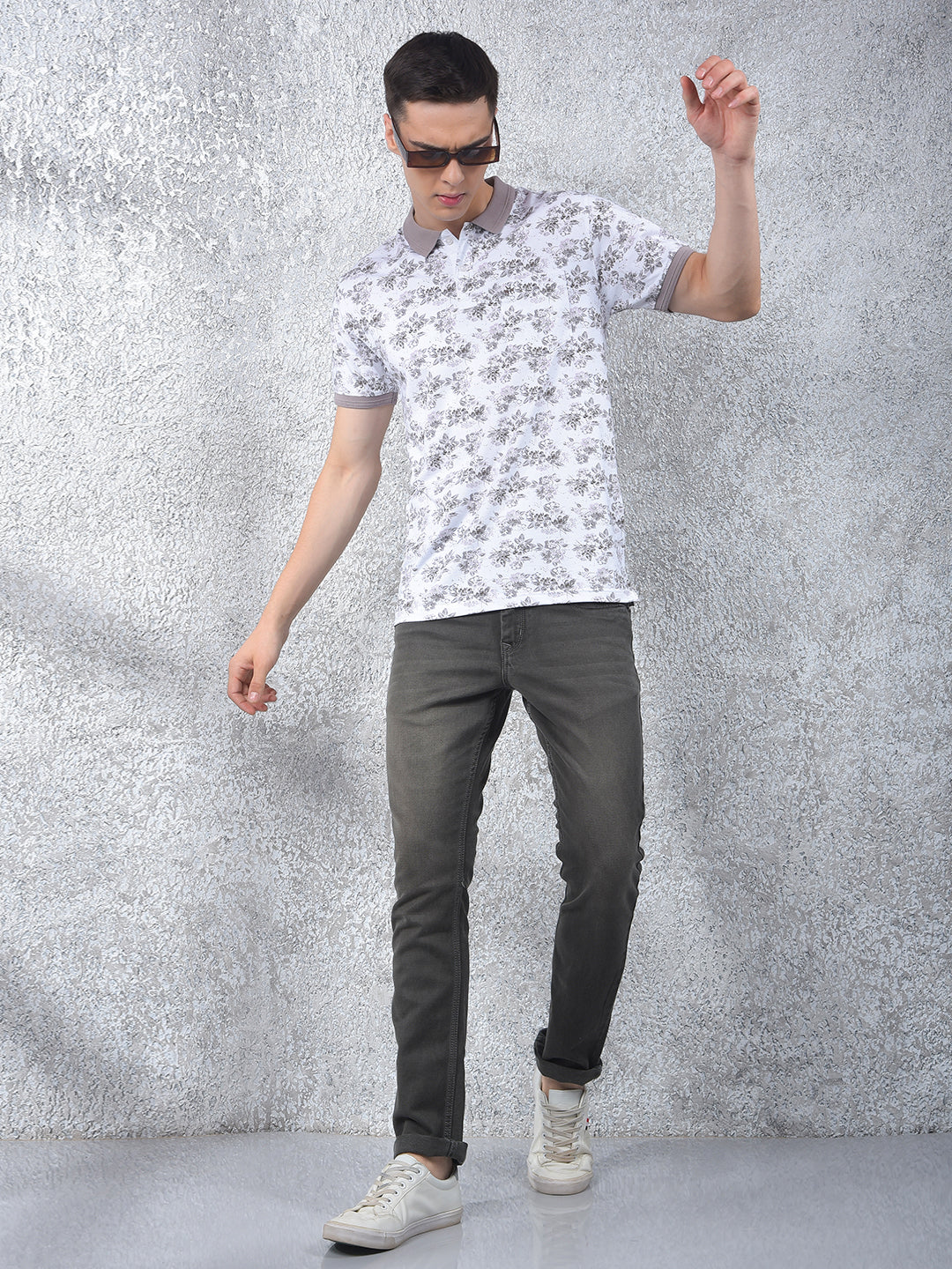 White Floral Print Polo Neck T-Shirt