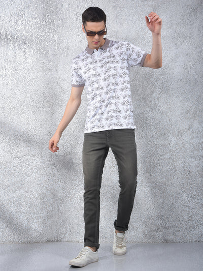 White Floral Print Polo Neck T-Shirt