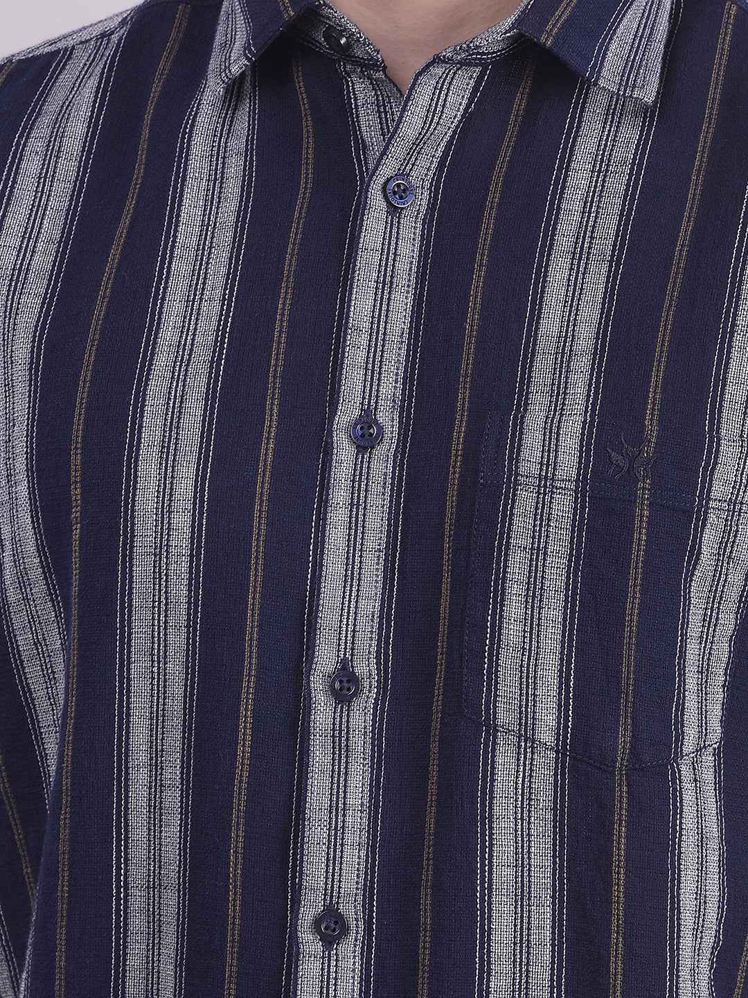 100% Cotton Navy Blue Vertical Stripes Shirt