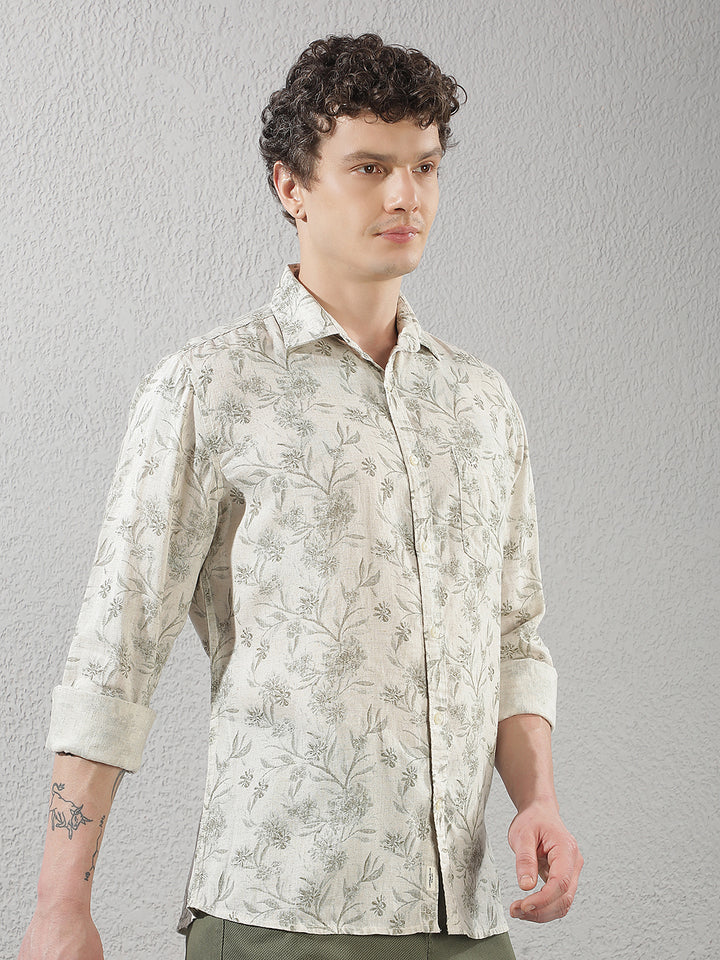 Linen Olive Floral Print Shirt