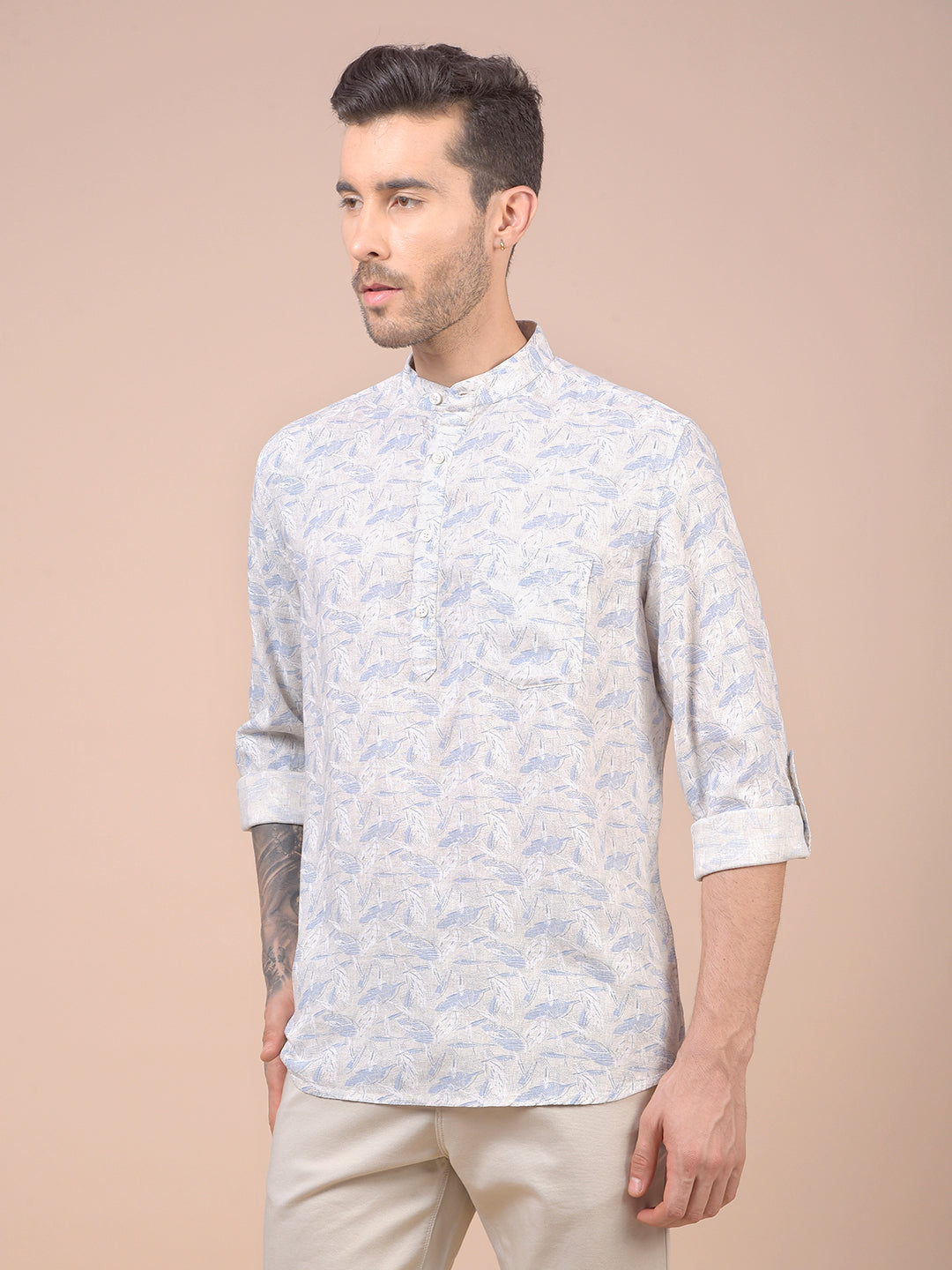 Blue Floral Print Linen Kurta