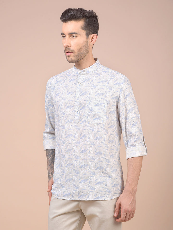 Blue Floral Print Linen Kurta