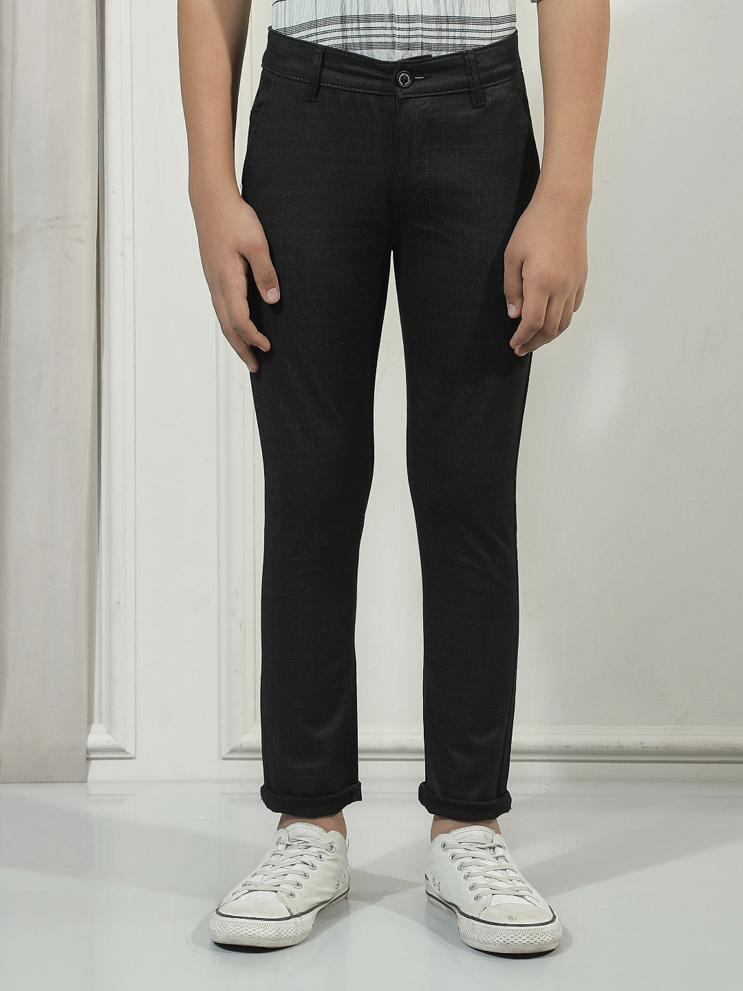 Black Cotton Checked Stretchable Trousers
