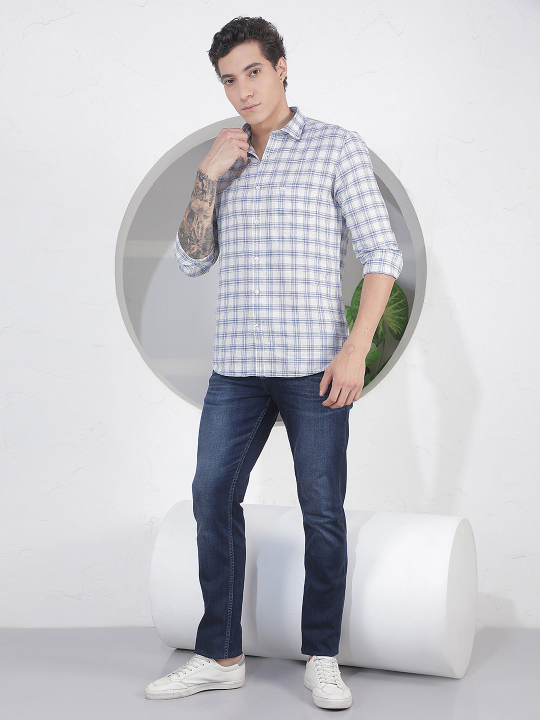 Teal Blue Checked Linen Shirt