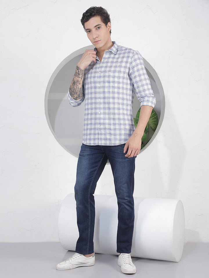 Teal Blue Checked Linen Shirt