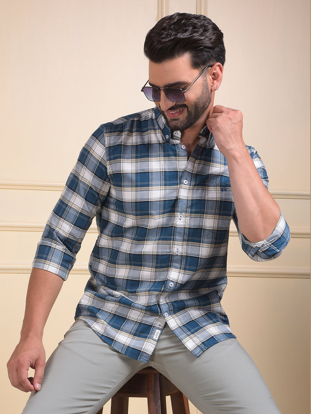 Green Checked Button-Down Collar 100% Cotton Shirt