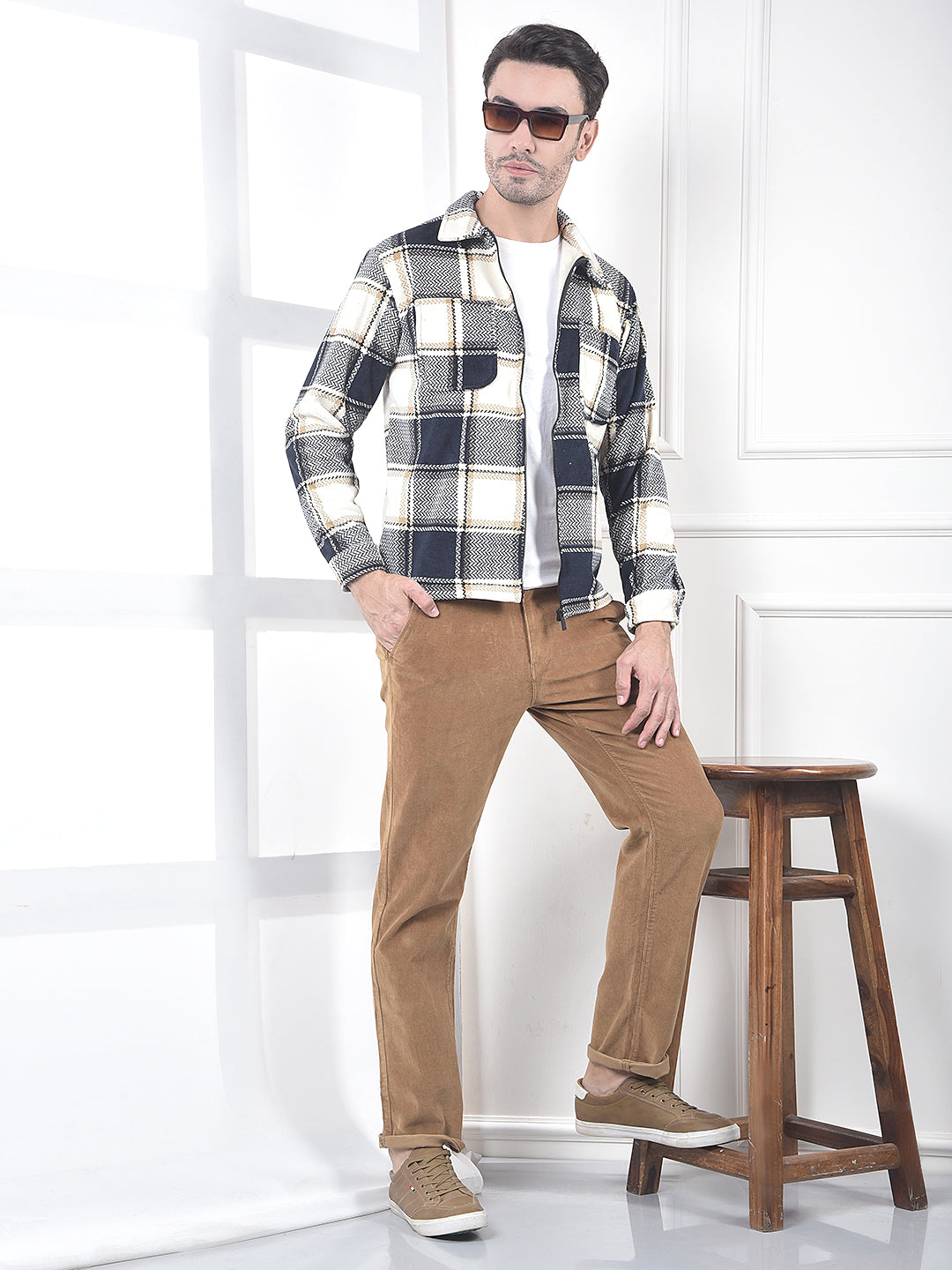 Navy Blue Checked Zip-Up Shacket