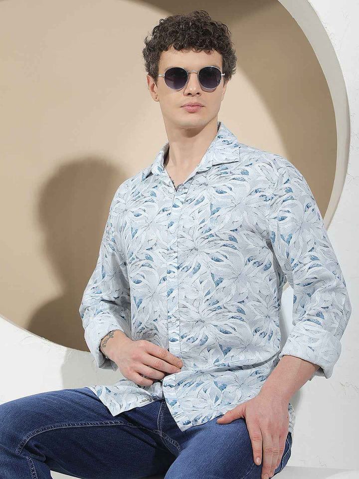 Blue Floral Print Linen Shirt