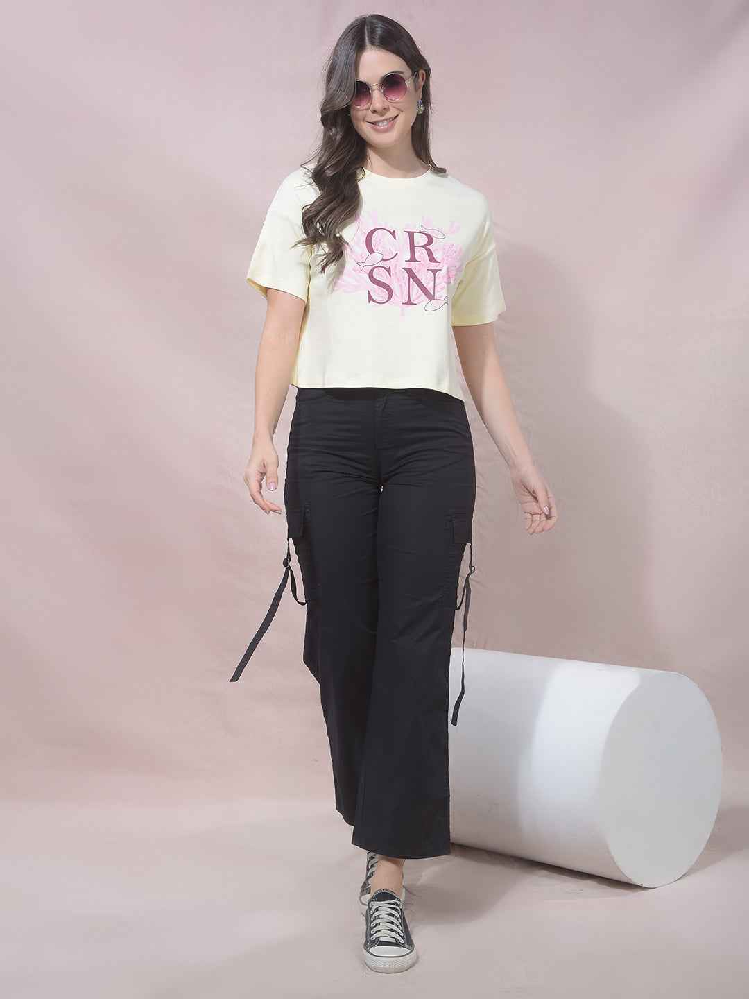 Yellow Typographic Print Cropped T-Shirt